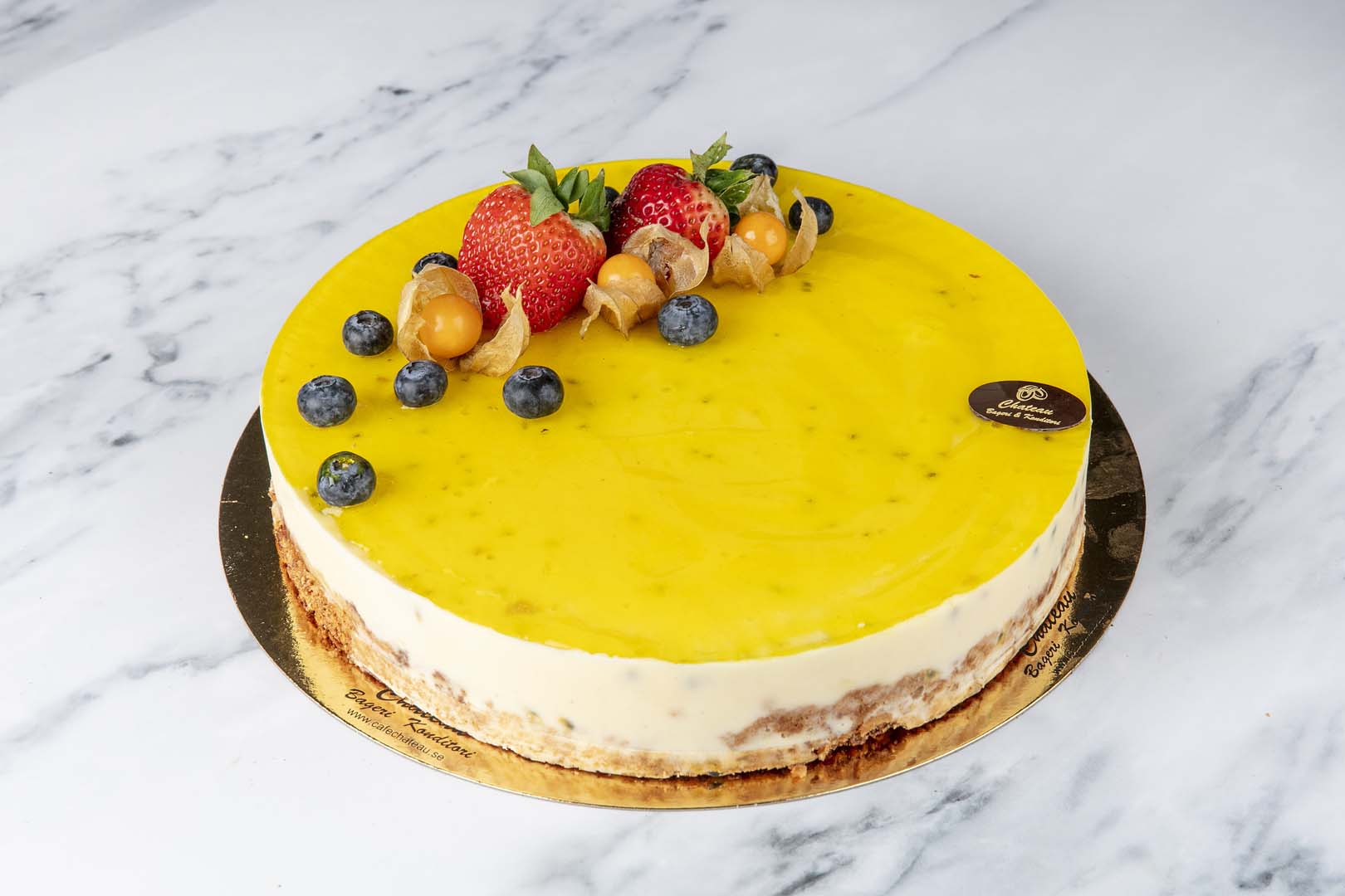 Bild på en cheesecake med passionsfrukt